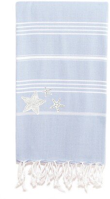 100% Turkish Cotton Lucky - Glittery Starfish Pestemal Beach Towel - Sky Blue