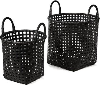 Set Of 2 Open Crosshatch Weave Bamboo Baskets With Ear Handles