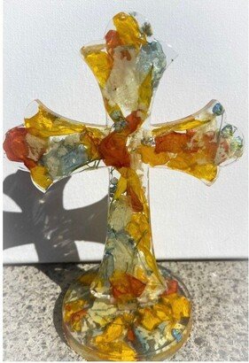 Funeral Flower Petal Memorial Cross | Epoxy Keepsake Sun Catcher Stand Up Cross| Scalloped