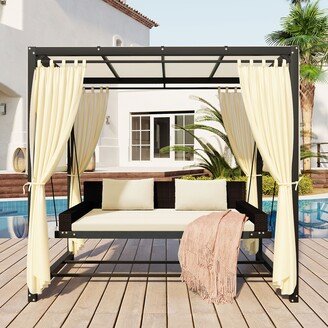 Outdoor 2 People Adjustable Swing Bed with Beige Cushion