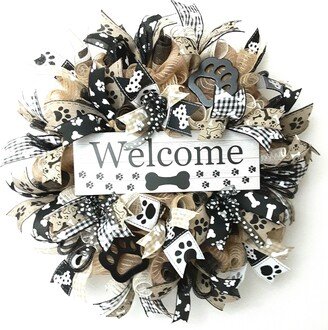 Dog Welcome Wreath, Lover Pet Paw Print Wall Decor, Owner Front Door Everyday Wreath