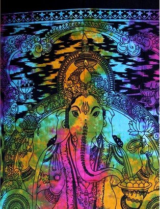 Handmade Cotton Ganesh Tie Dye Tapestry Wall Hanging Tablecloth Spread Throw Blue Yellow Pink - 54 x 84 inches