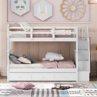 EDWINRAY Stairway Twin-Over-Twin Bunk Bed with 3 Drawers for Bedroom, Dorm, White