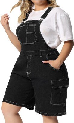 Agnes Orinda Women's Plus Size Denim Overalls Cross Back Cargo Pocket Adjustable Strap Jeans Shortalls Black 2X