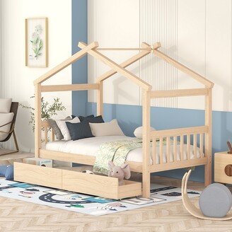 EDWINRAY Twin Imaginative House Daybed with Headboard for Kids Girls Boys, Wood Storage Platform Bedframe with 2 Drawers&Sky Roof,Natural