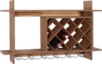 Wood Geometric 8 Bottle Slot Wall Wine Rack with 6 Glass Holder Slots Brown - Olivia & May