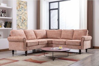 GEROJO Chenille Fabric Corner Sectional Sofa Couch for Living Room, Vintage Round Arms Accent Sofa 5 Seater Sofas with Wood Legs