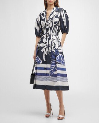 Floral-Print Blouson-Sleeve Midi Shirtdress