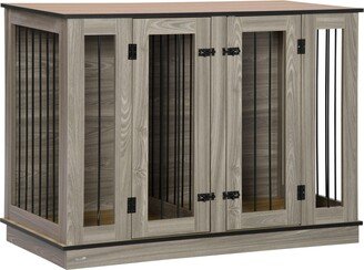 Large Furniture Style Dog Crate with Removable Panel, End Table with Two Rooms Design and Two Front Doors, Dark Walnut, 47.25