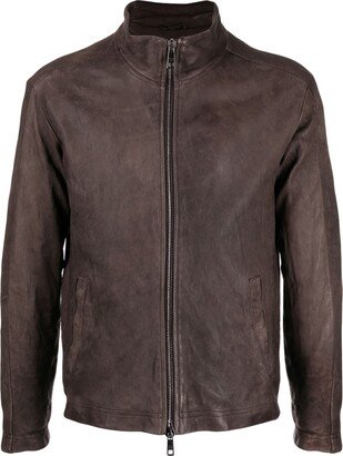 Zip-Up Mock-Neck Leather Jacket-AA