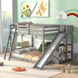 Full over Full Wooden Bunk Bed with Ladder, Slide and Shelves