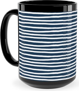 Mugs: Navy Blue And White Stripes Ceramic Mug, Black, 15Oz, Blue