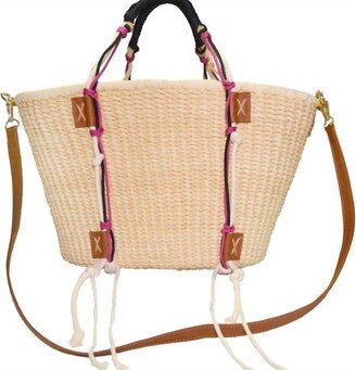 Open Weave Beach Basket Bag In Natural Staw/camel Leather