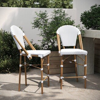 Taylor & Logan Neave Indoor/Outdoor Stackable French Bistro Counter Stools in White/Gray PE Rattan with Bamboo Print Frame