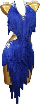 ZYDSN Women's V-Neck Cha Cha Performance Costume Fringe Latin Dance Dresses for Competition Bare Back Tango Dancewear