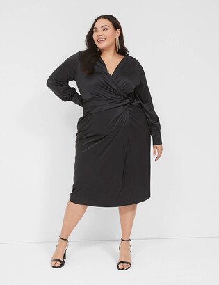 Stretch Satin Surplice Knot-Front Midi Dress