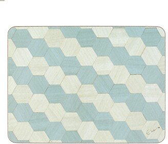 E. Inder Designs Four Table Mats Set In Light Blues And Grey Geometric Design. Heat Proof Melamine Surface. Tied With Ribbon For Gifting. Standard U K Size.