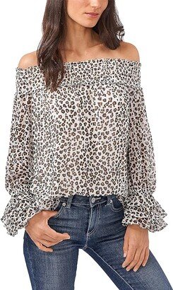 Off-the-Shoulder Leopard Cluster Smocked Blouse (Soft Ecru) Women's Blouse