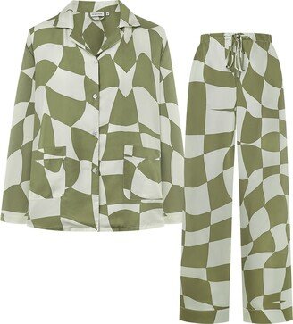 Not Just Pajama King Of Chess Long Silk Pajama Set For Men - Green