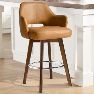 26.5 Edward Armrest Camel Faux Leather Thick Seat 360° Swivel Counter Height Barstool Combine with Rubberwood Legs and Silver Footrest-The Pop Maison