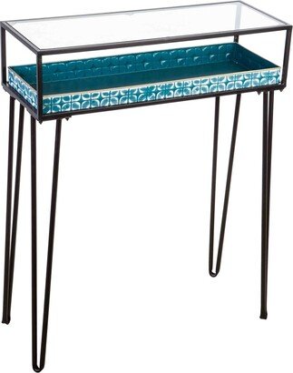 Metal Table with Glass Top and Teal Metal Planter Dish-AA