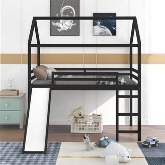 GREATPLANINC Full Size Wood House Loft Bed with Slide, Ladder & Guardrails for Kids