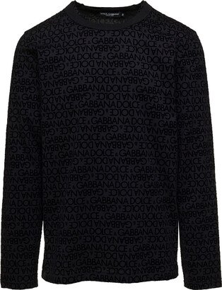 Black Long Sleeve Long Sleeve Shirt With All-over Logo Print In Cotton Man