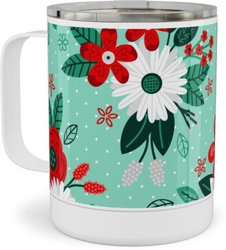 Travel Mugs: Holiday Floral Bouquet Stainless Steel Mug, 10Oz, Green