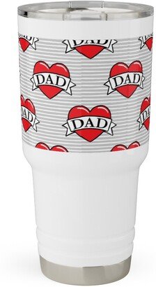 Travel Mugs: Dad Heart Tattoo - Red On Grey Stripes Travel Tumbler, 30Oz, Red