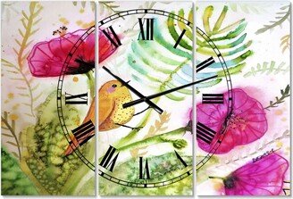 Designart Watercolor Singing Bird On Purple Flowers Large Cottage 3 Panels Wall Clock - 23 x 23 x 1