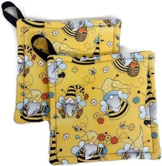 2 Pc Potholder Set in A Bee Gnome Fabric Print By Sewuseful Studios Llc