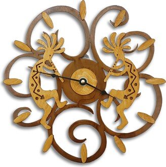 Kokopelli Flute Facing Pair Southwest Swirl Gold Wood On Rusted Steel Wall Clock - Choose From 11 1/4 Or 17 1/2 Inch