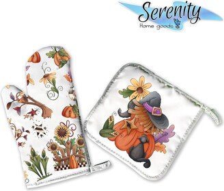 Pumpkin & Cat | Decorative Kitchen Hot Plate Pot Holder Oven Mitt Set Fall Autumn Corn Leaves