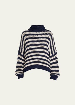 Cashmere Blend Open-Knit Striped Turtleneck