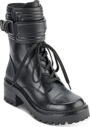 Basia Womens Leather Quilted Combat & Lace-up Boots