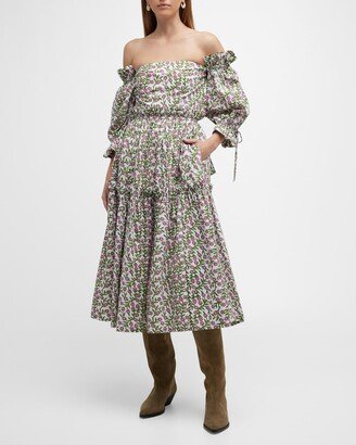 EDDY Olivia Floral Tie-Back Puff-Sleeve Midi Dress