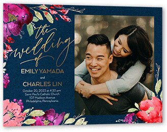 Wedding Invitations: Gilded Flowers Wedding Invitation, Blue, Gold Foil, 5X7, Matte, Personalized Foil Cardstock, Square