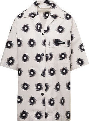 White Bowling Shirt With All-over Shuriken Print In Cotton Woman