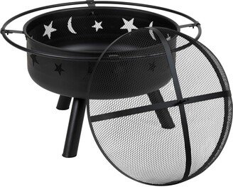 Emma+oliver Round Wood Burning Sun & Moon Cutout Outdoor Fire pit With Mesh Spark Screen