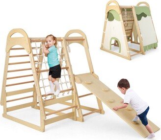 6-in-1 Wooden Kids Jungle Gym Playset with Slide Climbing Net-Natural - 45.5 x 42.5 x 50