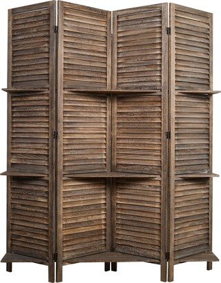 Rancho Shelf 4 Panel Room Divider , Folding Screen, Privacy Screen, Paulownia Wood, Rustic Brown