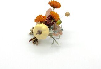 Thanksgiving Fall Farmhouse Napkin Rings Decorated With Rustic Beige Pumpkin, Orange Flowers & Fall Colored Leaves