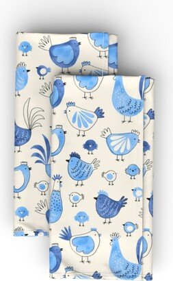 Cloth Napkins: Chicken And Rooster - Watercolor - Blue On Creme Cloth Napkin, Longleaf Sateen Grand, Blue