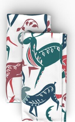 Cloth Napkins: Christmas Deer On White Cloth Napkin, Longleaf Sateen Grand, Multicolor