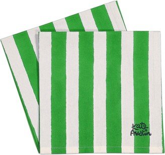 Kate Austin Designs Set Of Eight Organic Cotton Cloth Napkins In Green And White Cabana Stripe Block Print