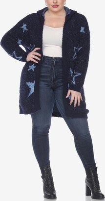 Plus Size Hooded Open Front Sherpa Sweater - Navy, Light Blue Stars