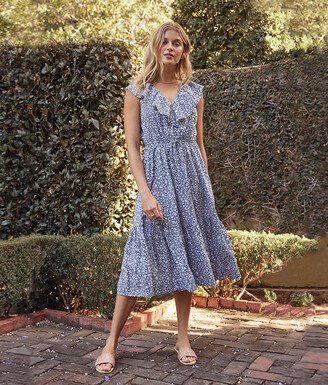 The Coastal Poplin Ruffle-Neck Midi Dress - In Bloom in Midnight