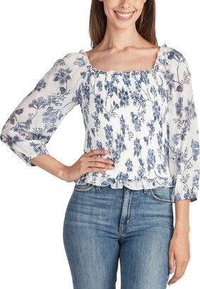 Juniors' Ruffled Square-Neck Smocked Printed Gauze Top