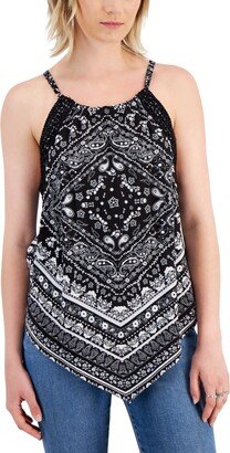 Juniors' Crochet-Trim Asymmetric-Hem Top