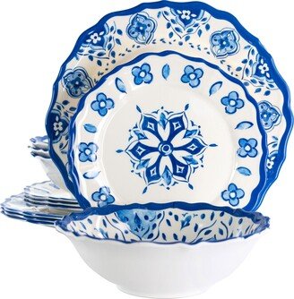 Blue Flower 12 Piece Scalloped Lightweight Melamine Dinnerware Set, Set of 4